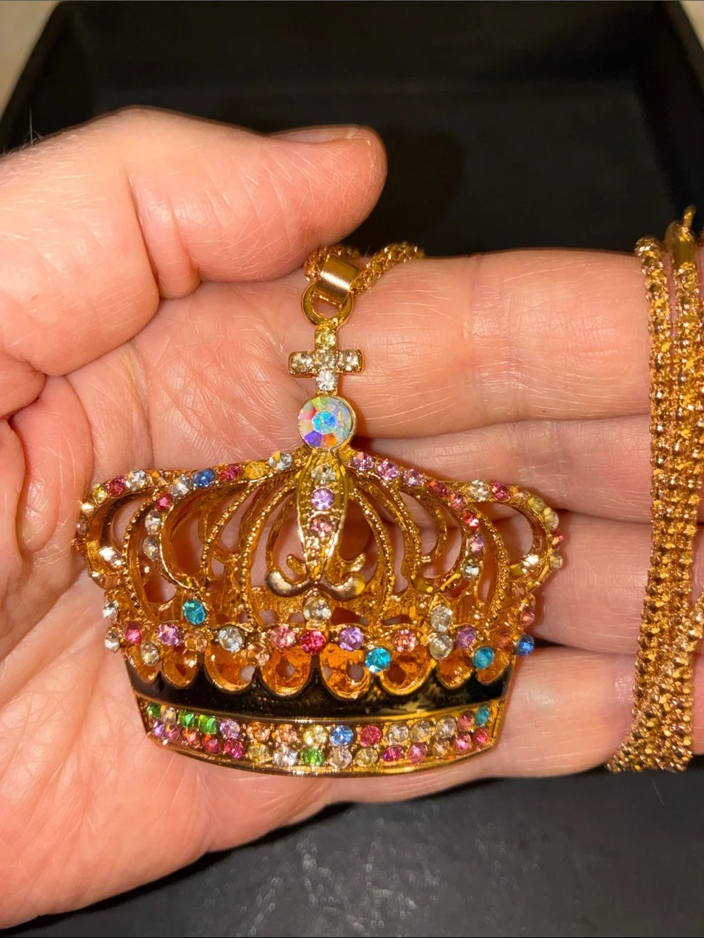 Gold Crown Pendant Necklace with Multicolor Crystals